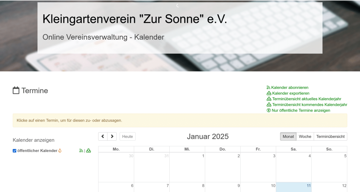 Kalender für Termine des Vereins.