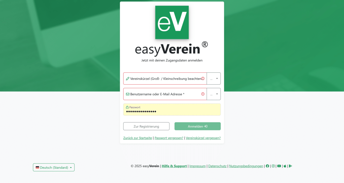 Anmeldeseite für easyVerein Benutzer.