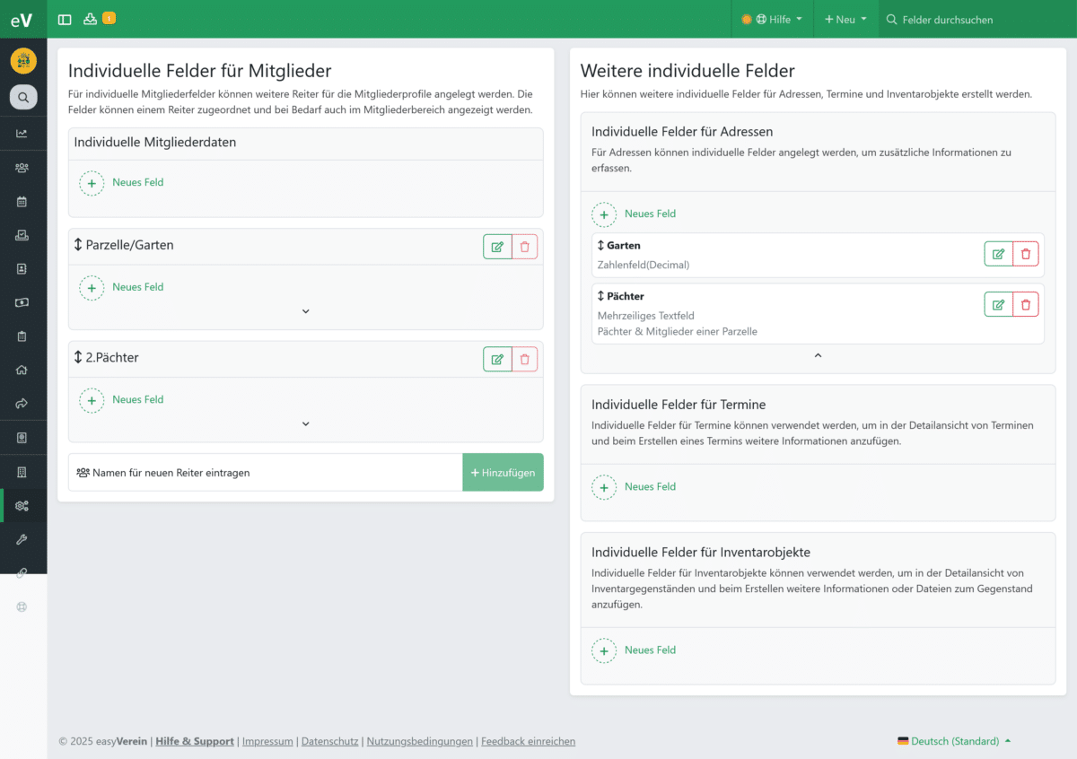 Individuelle Felder für Mitgliederverwaltung.