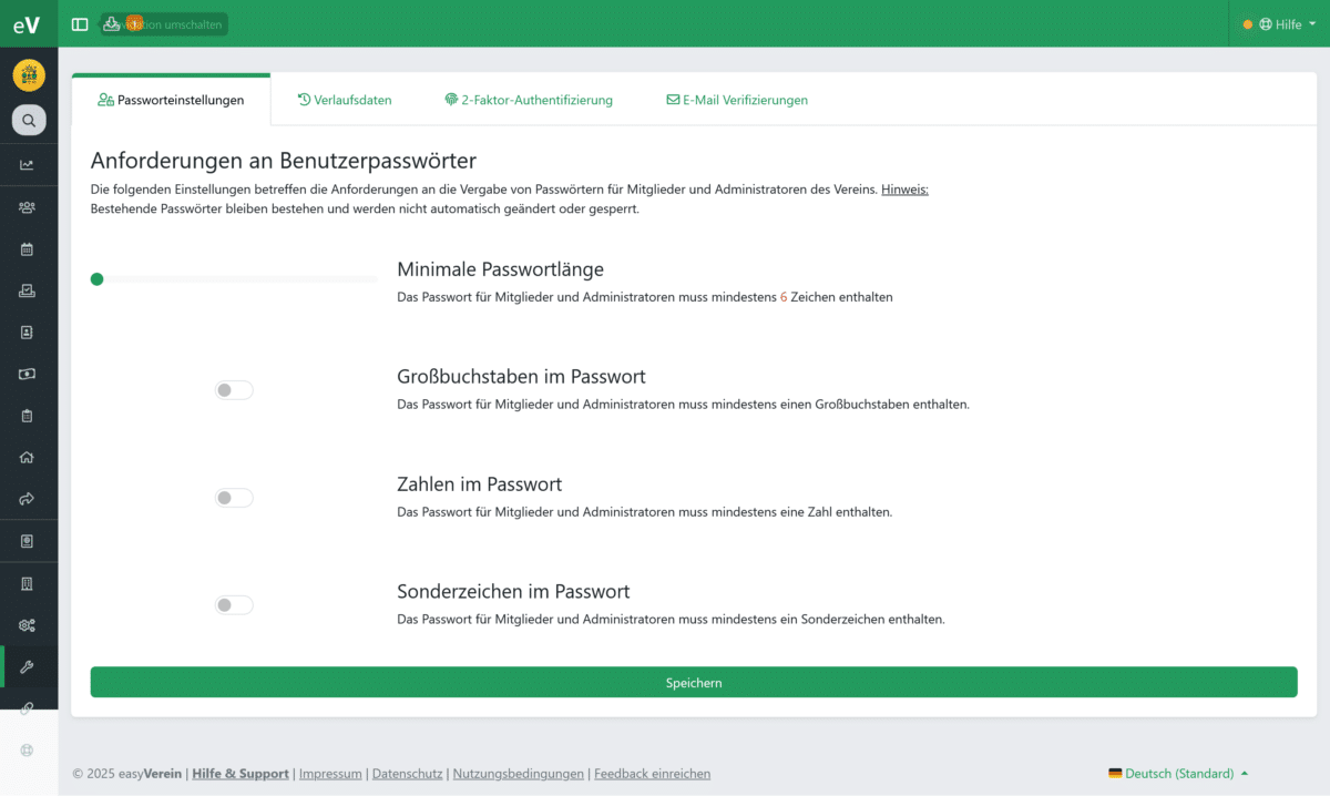 Einstellungen für Passwortsicherheit und Authentifizierung.
