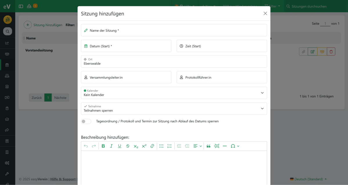 Sitzung hinzufügen mit Details und Teilnehmern.