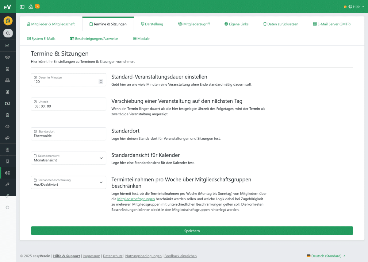 Einstellungen für Termine und Sitzungen.